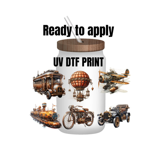 UV DTF Sticker print. Steampunk vehicles decals, tumbler decal, permanent sticker. Uv wrap for glass can tumbler. #10021