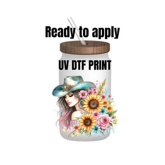 UV DTF Sticker print. Sunflower cowgirl decal, tumbler decal, permanent sticker. Uv wrap for glass can tumbler. #2010