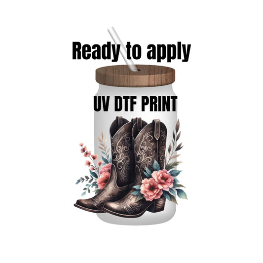 UV DTF Sticker print. Black cowgirl boot decal, tumbler decal, permanent sticker. Uv wrap for glass can tumbler. #2020