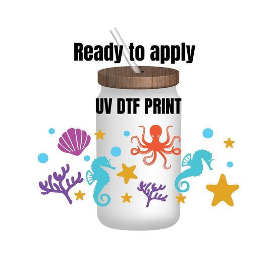 UV DTF Sticker print. Ocean life wrap decal, tumbler decal. UV wrap for glass can tumbler. #5107