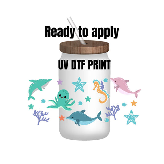 UV DTF Sticker print. Sea creatures wrap decal, tumbler decal. UV wrap for glass can tumbler. #5111