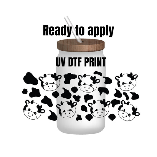 UV DTF Sticker print. Cow glass can with cow spot wrap decal, tumbler decal. UV wrap for glass can tumbler. #5113