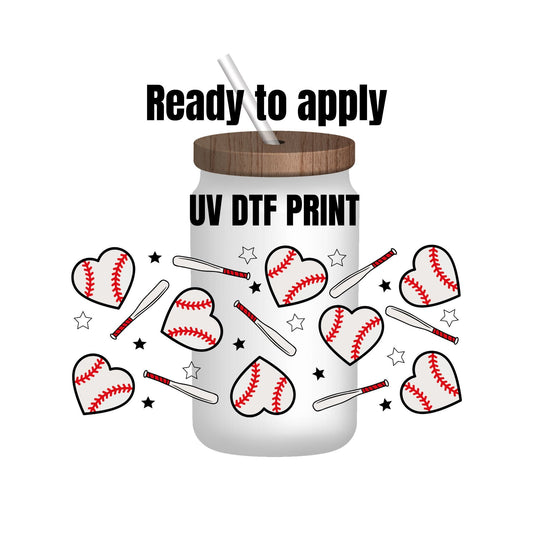 UV DTF Sticker print. Baseball heart wrap decal, tumbler decal. UV wrap for glass can tumbler. #5114