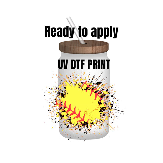 UV DTF Sticker print. Softball paint splatter decal, tumbler decal, permanent sticker. UV wrap for glass can tumbler. #9010