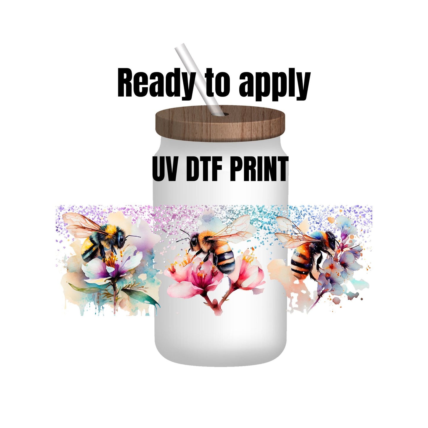 UV DTF Sticker print. Bees and flowers wrap decal, tumbler decal. UV wrap for glass can tumbler. #5122