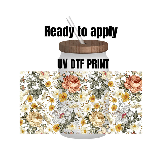 UV DTF Sticker print. Retro flowers wrap decal, tumbler decal. UV wrap for glass can tumbler. #5123