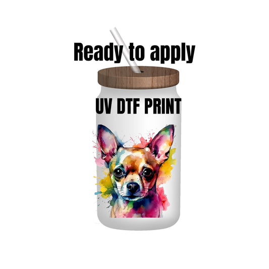 UV DTF Sticker print. Chihuahua paint splatter decal, tumbler decal, permanent sticker. UV wrap for glass can tumbler. #4120