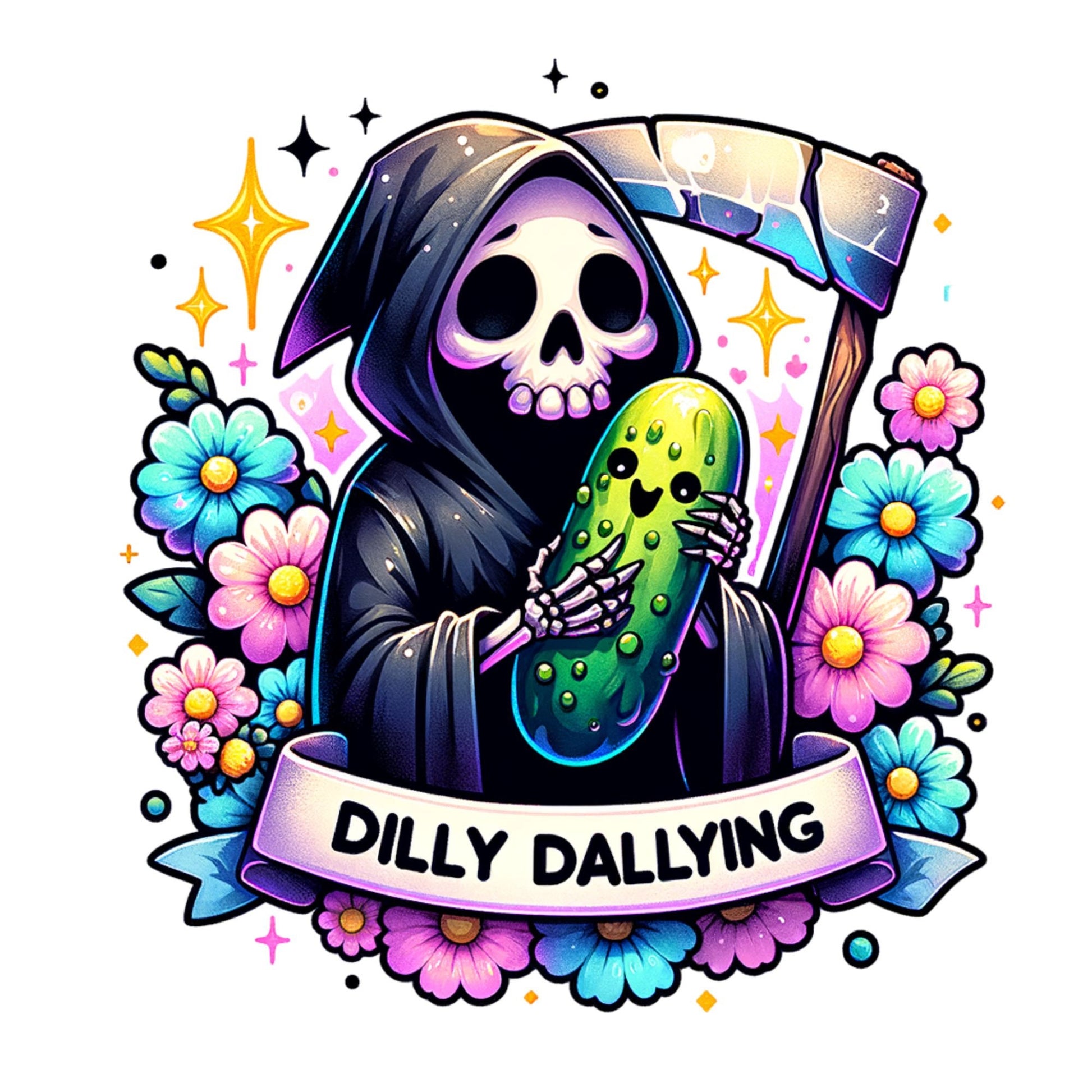 UV DTF Sticker print. Dilly Dallying Grim Reaper decal, tumbler decal, permanent sticker. UV wrap for glass can tumbler. #4123