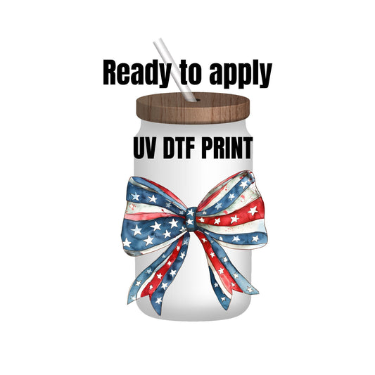 UV DTF Sticker print. 4th of July bow decal, tumbler decal, permanent sticker. UV wrap for glass can tumbler. #10024