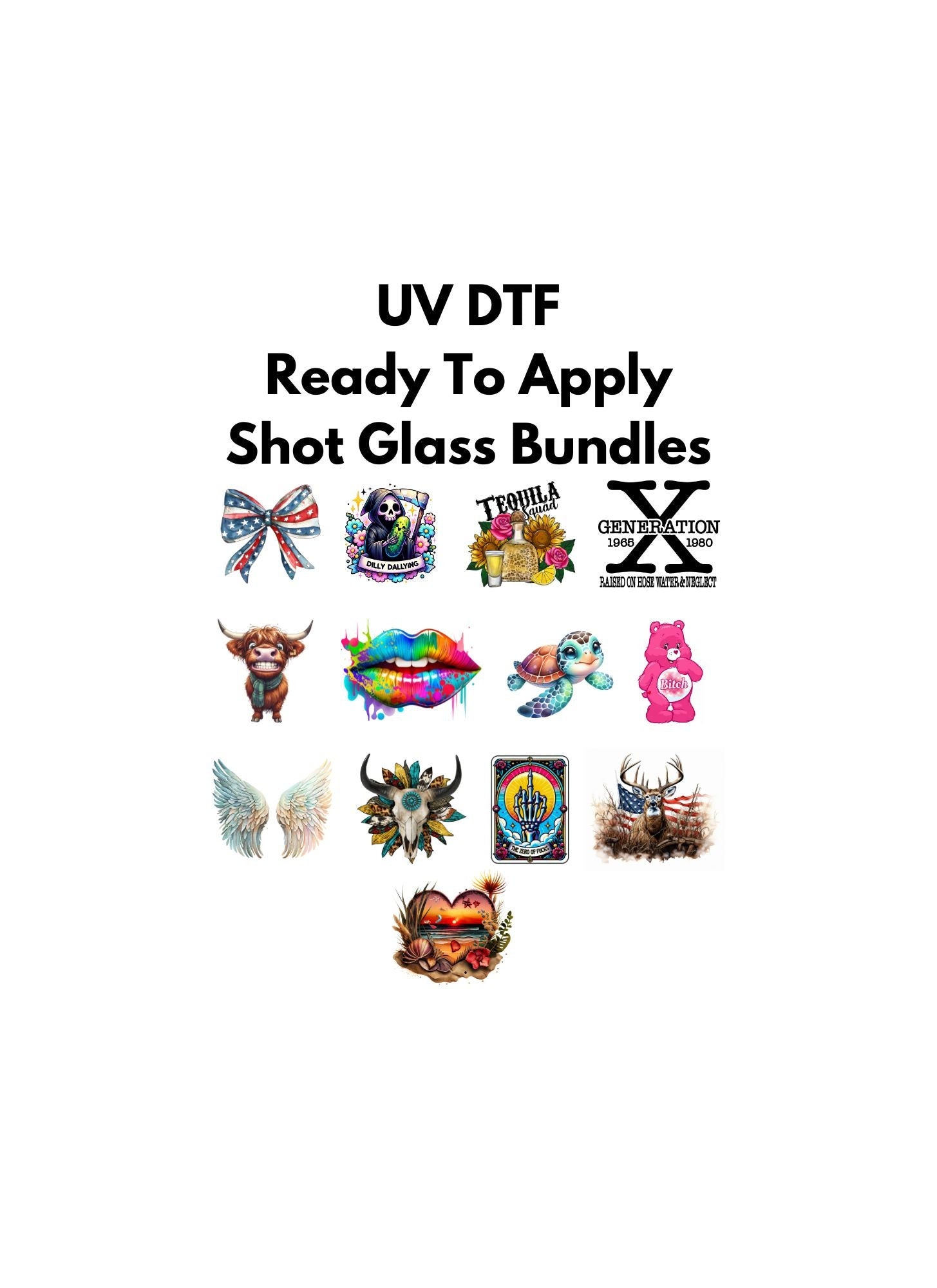 UV DTF Sticker prints. Shot glass bundles of 6. Glass or tumbler decal, permanent sticker. UV wrap for glass can tumbler. #10025