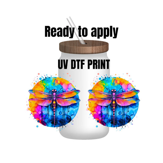 UV DTF Sticker print. Watercolor dragonfly circles wrap decal, blue cowgirl boots tumbler decal. UV wrap for glass can tumbler. #5139