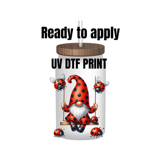 UV DTF Sticker print. Swinging Ladybug Gnomes decal, tumbler decal, permanent sticker. UV wrap for glass can tumbler. #10028