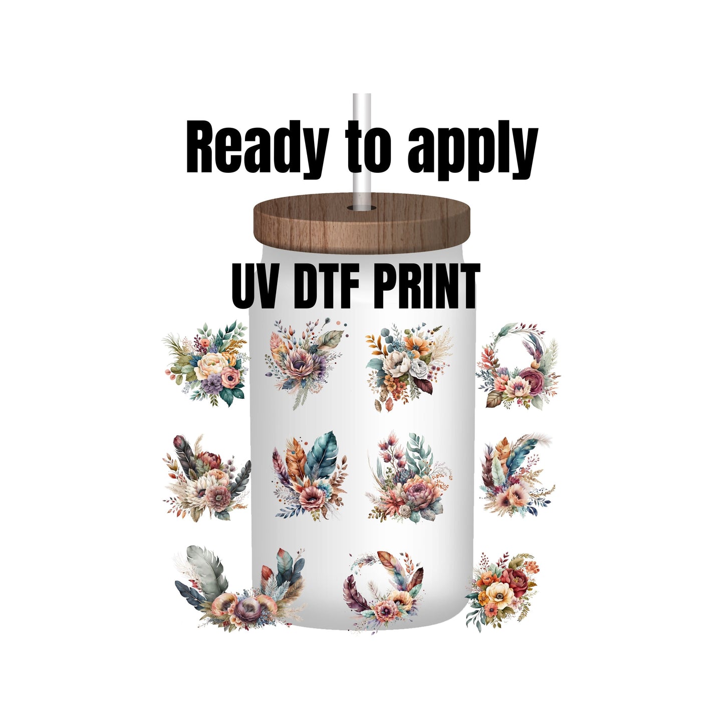 UV DTF Sticker prints. Boho flower bundle of 11. Glass or tumbler decal, permanent sticker. UV wrap for glass can tumbler. #10028