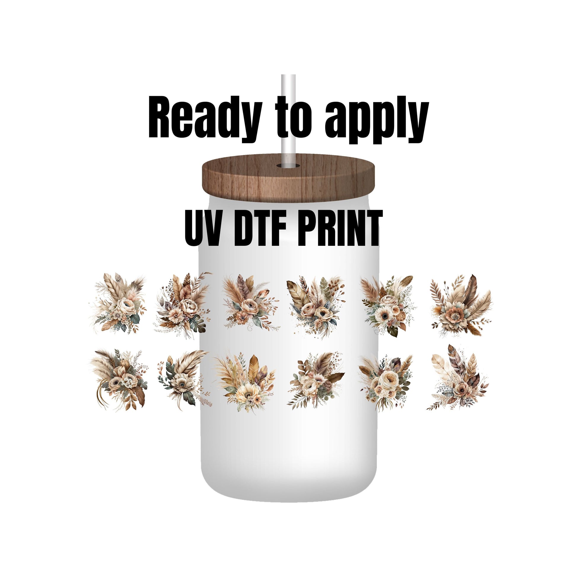 UV DTF Sticker prints. Elegant Boho flower bundle of 12. Glass or tumbler decal, permanent sticker. UV wrap for glass can tumbler. #10031