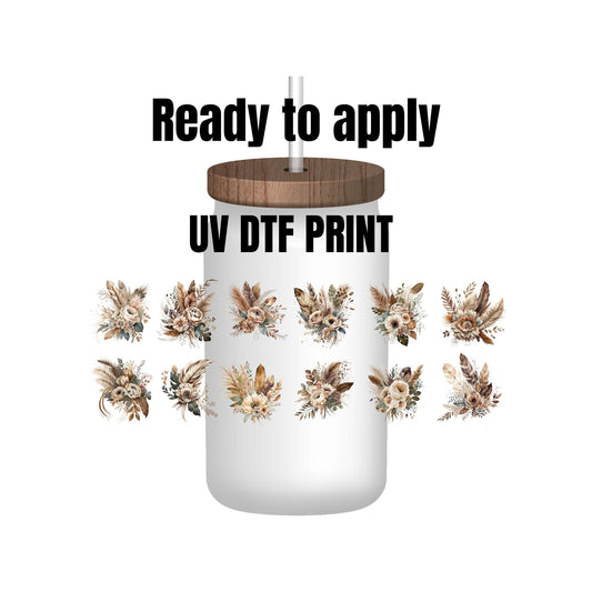 UV DTF Sticker prints. Elegant Boho flower bundle of 12. Glass or tumbler decal, permanent sticker. UV wrap for glass can tumbler. #10031