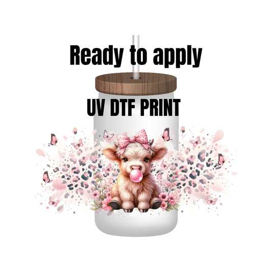 UV DTF Sticker print. Pink Highland Cow bubble cheetah wrap decal, tumbler decal. UV wrap for glass can tumbler. #5142