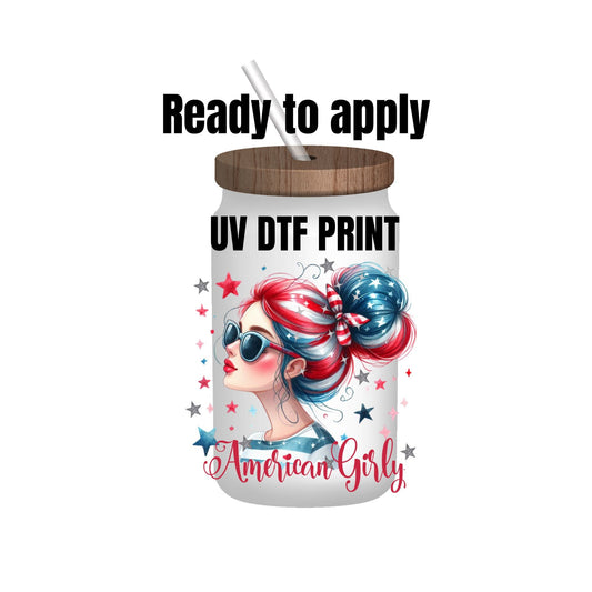 UV DTF Sticker print. American girly patriotic decal, tumbler decal, permanent sticker. Uv wrap for glass can tumbler. #4135