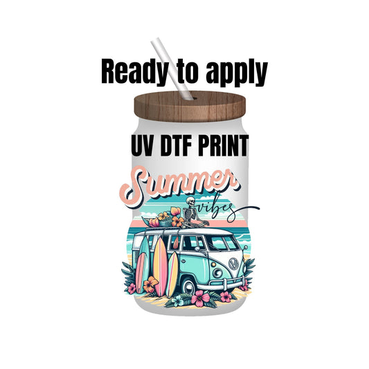 UV DTF Sticker print. Summer vibes retro skeleton decal, tumbler decal, permanent sticker. Uv wrap for glass can tumbler. #4146