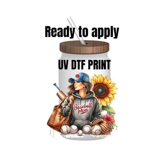 UV DTF Sticker print. Baseball Mama brown hair decal, tumbler decal, permanent sticker. Uv wrap for glass can tumbler. #4151