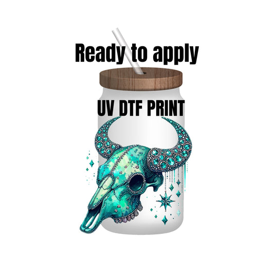 UV DTF Sticker print. Teal Rhinestone bull skull decal, tumbler decal, permanent sticker. Uv wrap for glass can tumbler. #2015