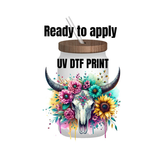 UV DTF Sticker print. Watercolor drip bull skull decal, tumbler decal, permanent sticker. Uv wrap for glass can tumbler. #2016