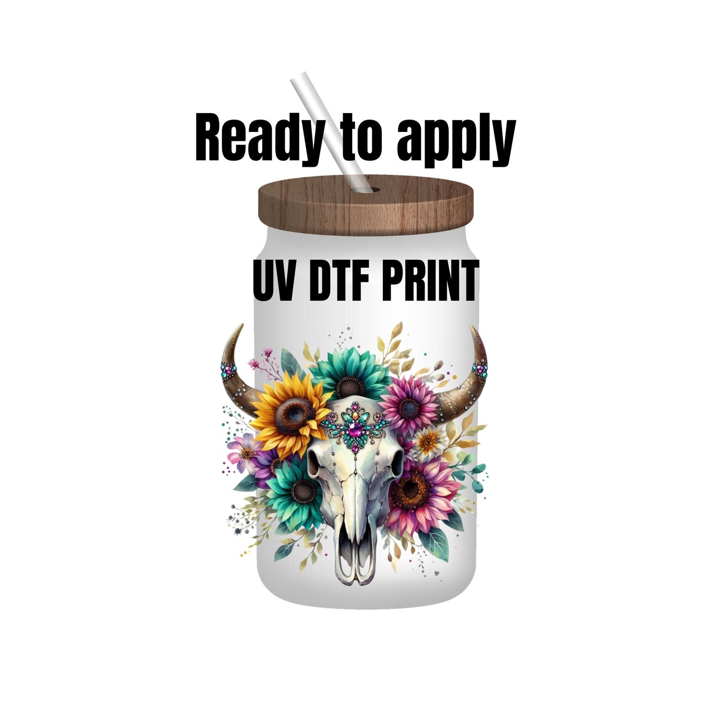 UV DTF Sticker print. Teal and purple bull skull decal, tumbler decal, permanent sticker. Uv wrap for glass can tumbler. #2017