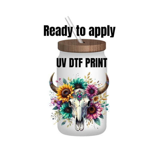 UV DTF Sticker print. Teal and purple bull skull decal, tumbler decal, permanent sticker. Uv wrap for glass can tumbler. #2017