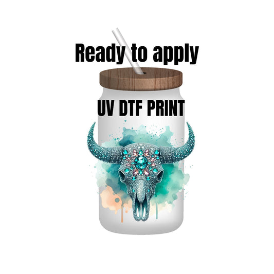 UV DTF Sticker print. Rhinestone bull skull decal, tumbler decal, permanent sticker. Uv wrap for glass can tumbler. #2018