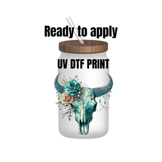 UV DTF Sticker print. Rustic bull skull rhinestone teal decal, tumbler decal, permanent sticker. Uv wrap for glass can tumbler. #2019