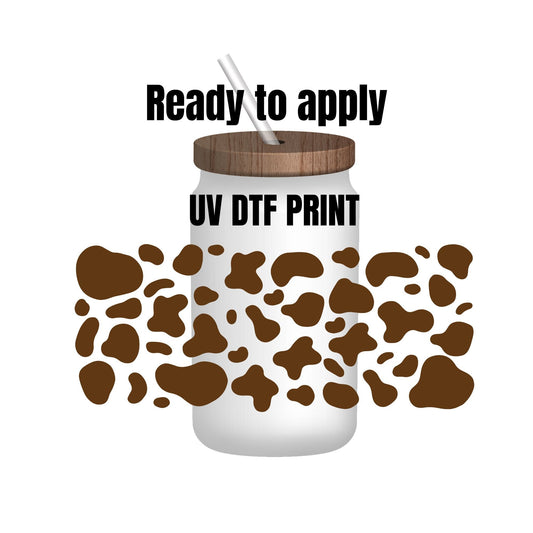 UV DTF Sticker print. Brown cow spots wrap decal, tumbler decal. UV wrap for glass can tumbler. #5109