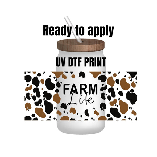 UV DTF Sticker print. Farm life cow spot wrap decal, tumbler decal. UV wrap for glass can tumbler. #5112