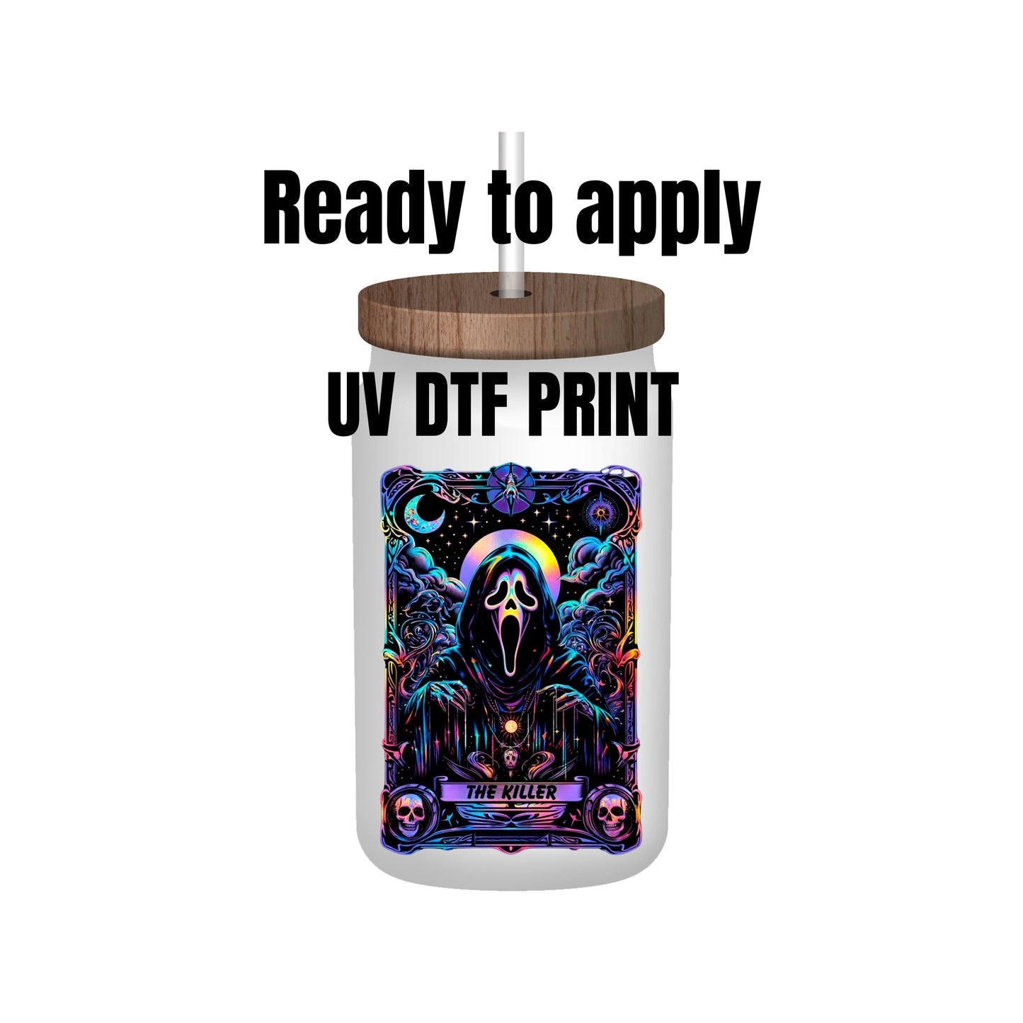 UV DTF Sticker print. Ghost face The killer tarot card decal, tumbler decal, permanent sticker. Uv wrap for glass can tumbler. #7003