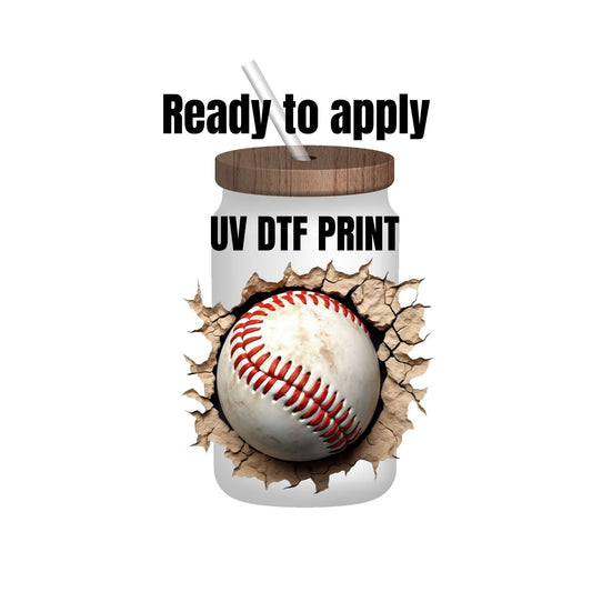 UV DTF Sticker print. Baseball cracked through decal, tumbler decal, permanent sticker. UV wrap for glass can tumbler. #9012