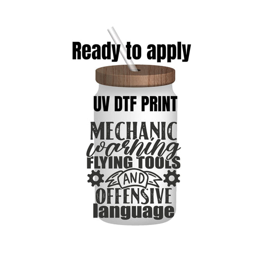 UV dtf Sticker print. Mechanic warning decal, tumbler decal, permanent sticker. Uv wrap for glass can tumbler. #4179