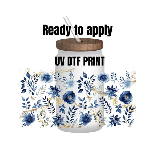 UV DTF Sticker print. Blue flowers wrap decal, tumbler decal. UV wrap for glass can tumbler. #5117