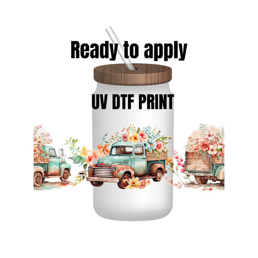 UV DTF Sticker print. Teal spring truck wrap decal, tumbler decal. UV wrap for glass can tumbler. #5120