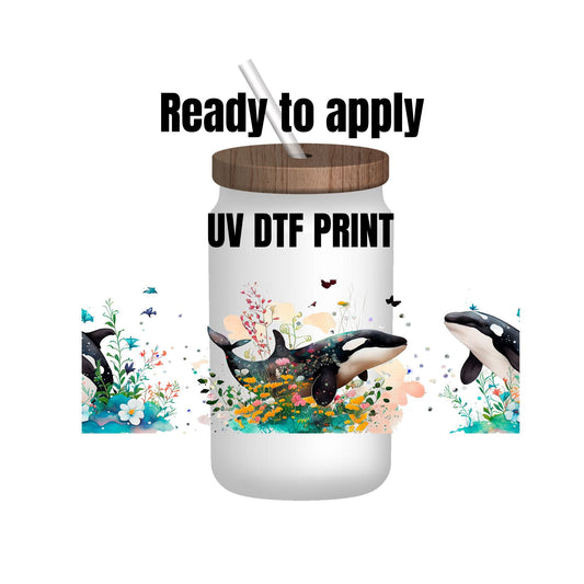 UV DTF Sticker print. Whale Scene wrap decal, tumbler decal. UV wrap for glass can tumbler. #5121