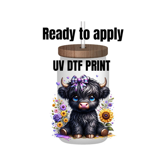 UV DTF Sticker print. Black Baby Cow with Purple accents decal, tumbler decal, permanent sticker. Uv wrap for glass can tumbler. #1023