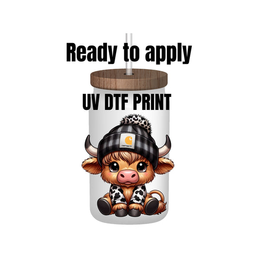 UV DTF Sticker print. Baby Cow with a cute hat decal, tumbler decal, permanent sticker. Uv wrap for glass can tumbler. #1024