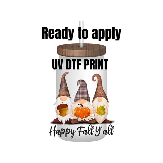 UV DTF Sticker print Happy Fall Y'all Gnomes Trio decal, tumbler decal, permanent sticker. Uv wrap for glass can tumbler. #7010