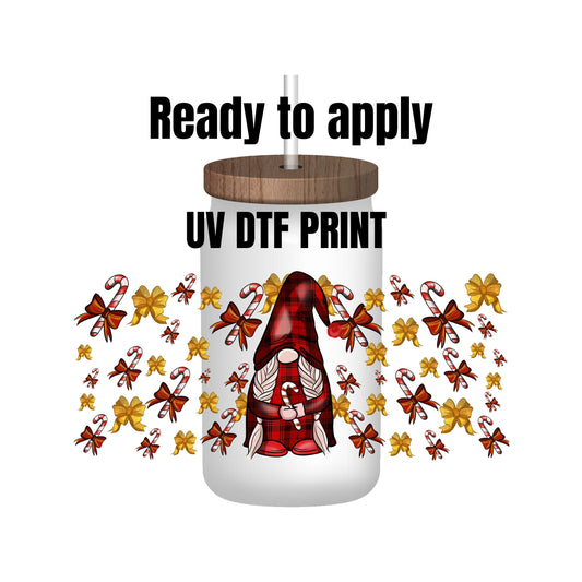 UV DTF Sticker print Plaid Christmas Gnome Wrap decal, tumbler decal, permanent sticker. Uv wrap for Glass can or tumbler. #7016