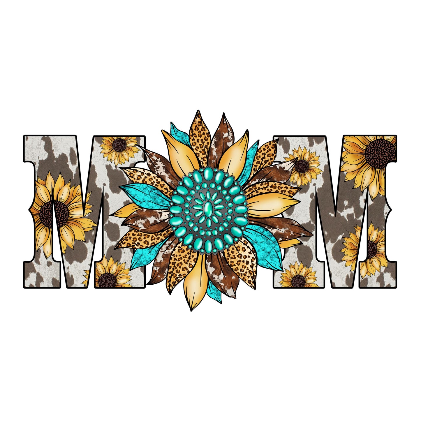 UV DTF Sticker print. Mom with teal sunflower middle, tumbler decal, permanent sticker. Uv wrap for glass can tumbler. #4204