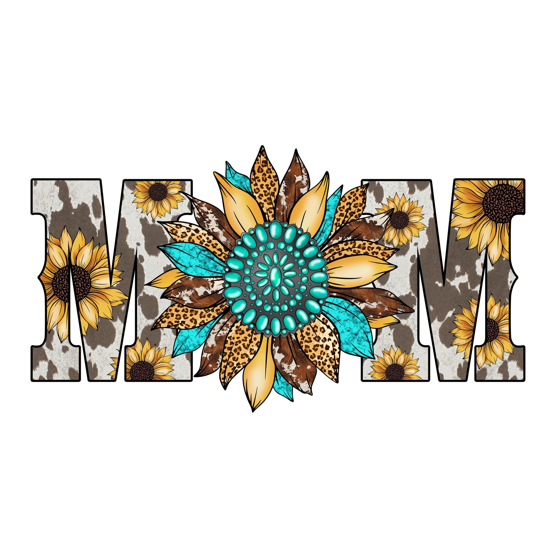 UV DTF Sticker print. Mom with teal sunflower middle, tumbler decal, permanent sticker. Uv wrap for glass can tumbler. #4204