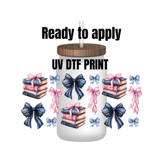 UV DTF Sticker print. Bows and Books pink and blue element sheet wrap decal, tumbler decal. UV wrap for glass can tumbler. #5140