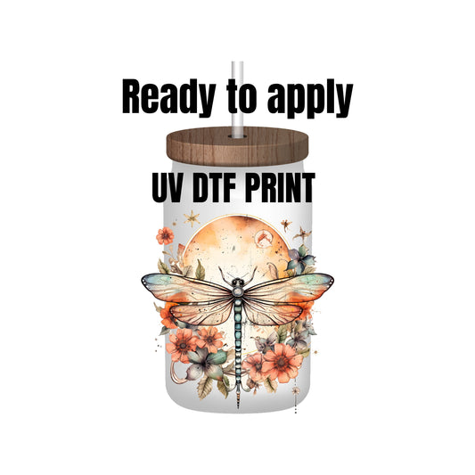 UV DTF Sticker print. Hippie Moon Dragonfly decal, tumbler decal, permanent sticker. UV wrap for glass can tumbler. #1021