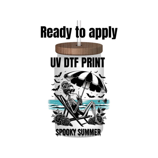 UV dtf Sticker print. Spooky Summer Skeleton decal, tumbler decal, permanent sticker. Uv wrap for glass can tumbler. #4190