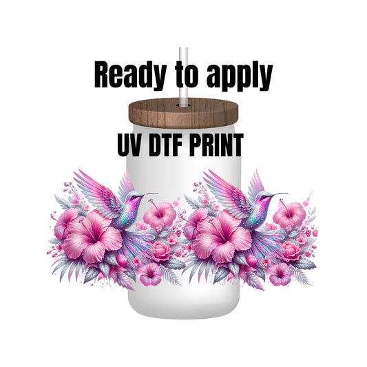 UV DTF Sticker print. Pink Hummingbird tumbler wrap decal, tumbler decal. UV wrap for glass can tumbler. #5155