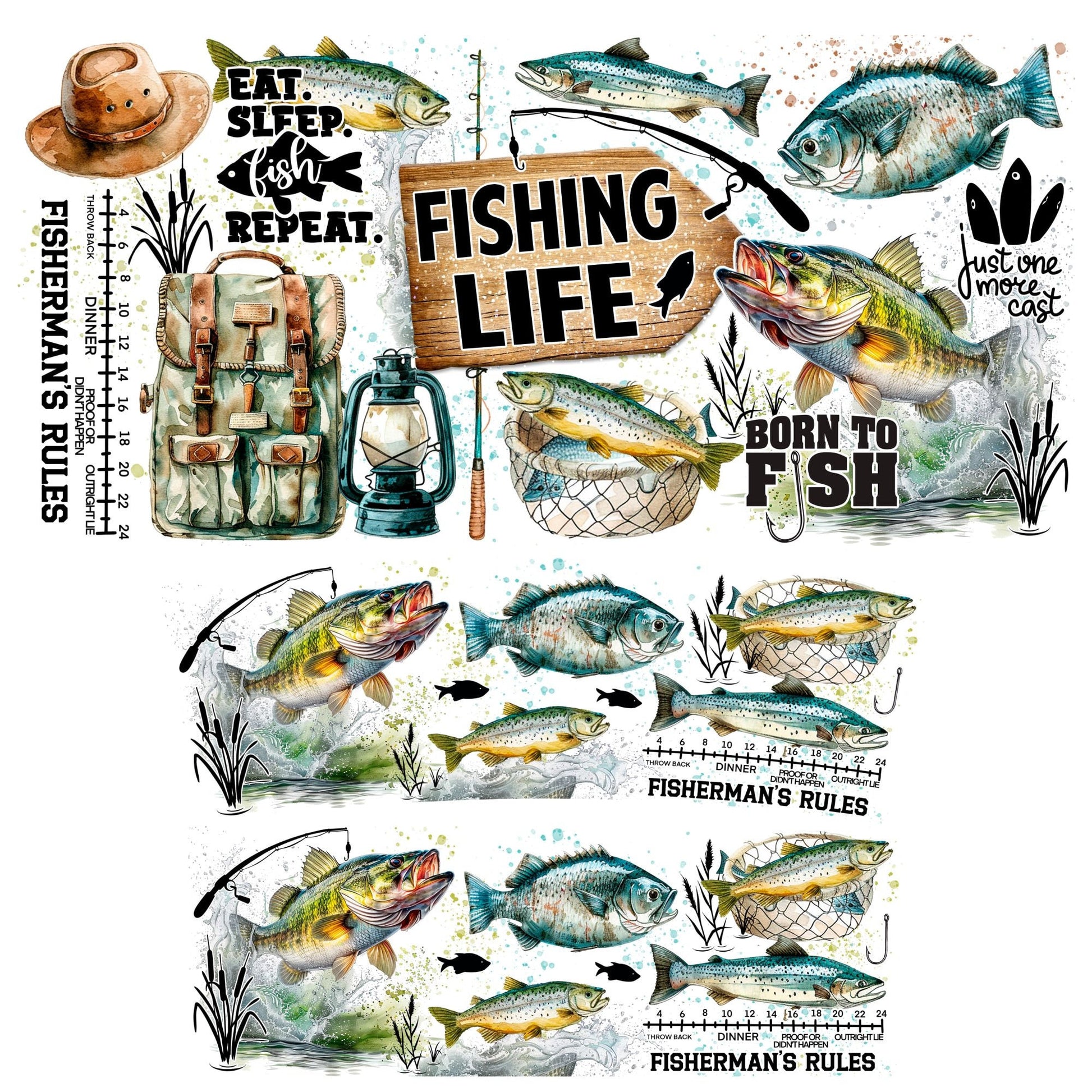 UV DTF 40 oz ready to apply Fishing Life wrap decal , Born to fish, fishermans rules permanent sticker. UV wrap quencher #3025