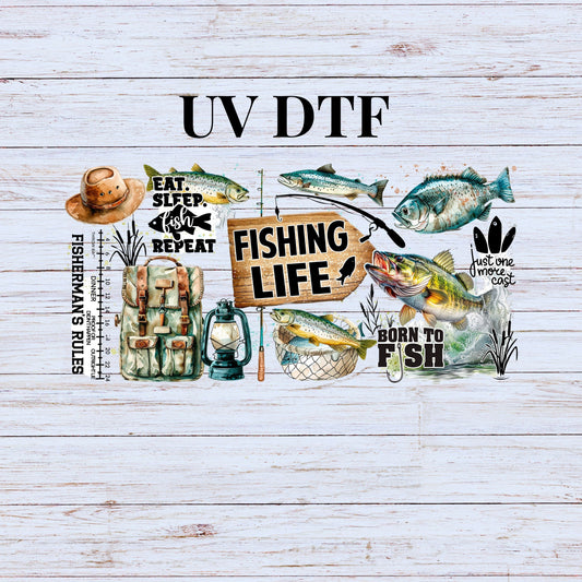 UV DTF Sticker print. Fishing Life, Fisherman rules tumbler wrap decal, tumbler decal. UV wrap for glass can tumbler. #5156