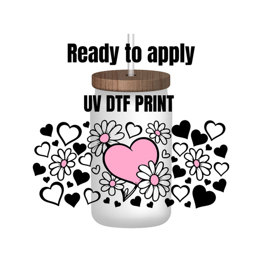 UV DTF Sticker print. Daisy heart wrap decal, tumbler decal. UV wrap for glass can tumbler. #5147